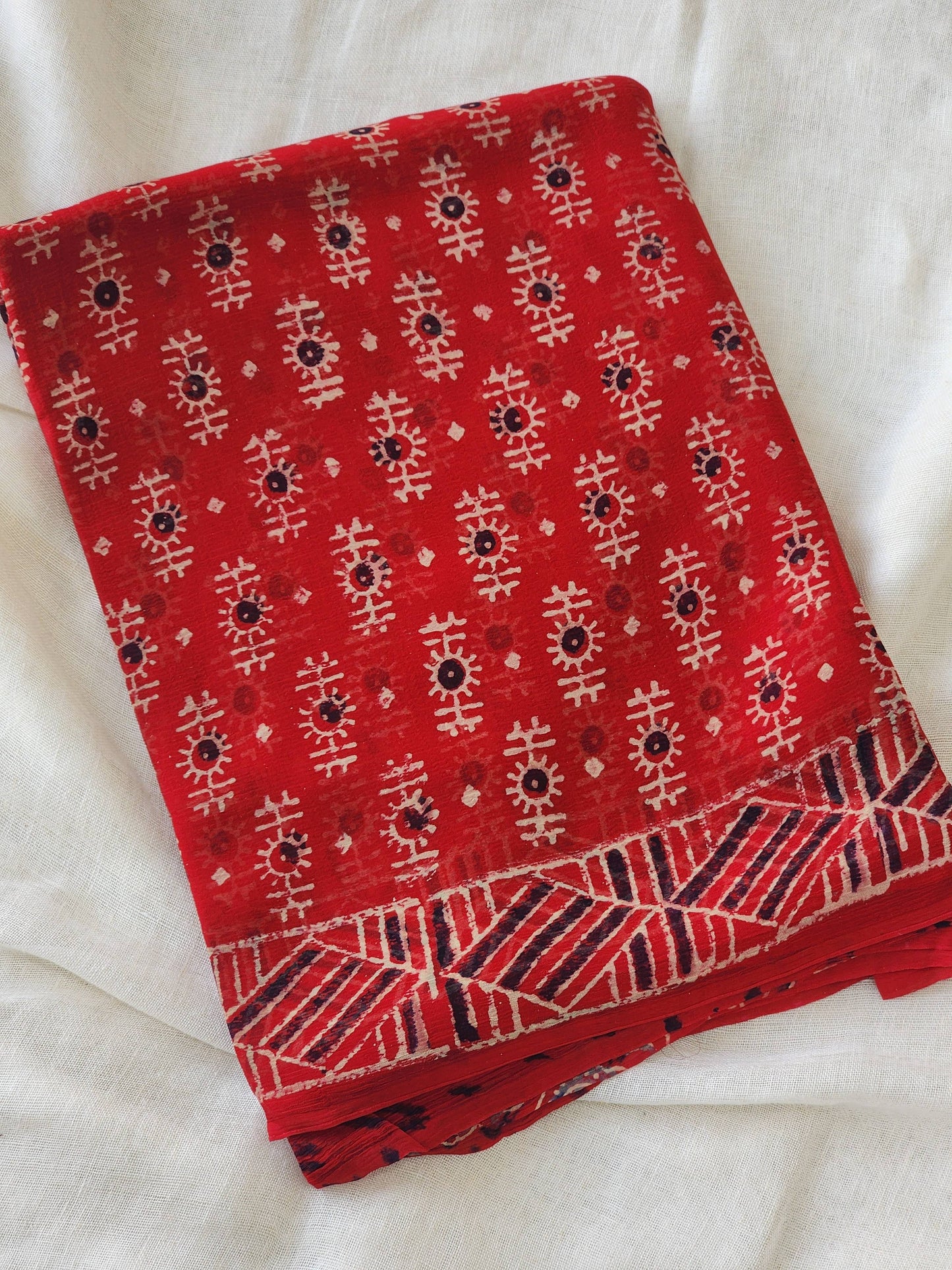 Red Chiffon Handblock Saree