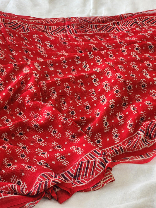 Red Chiffon Handblock Saree