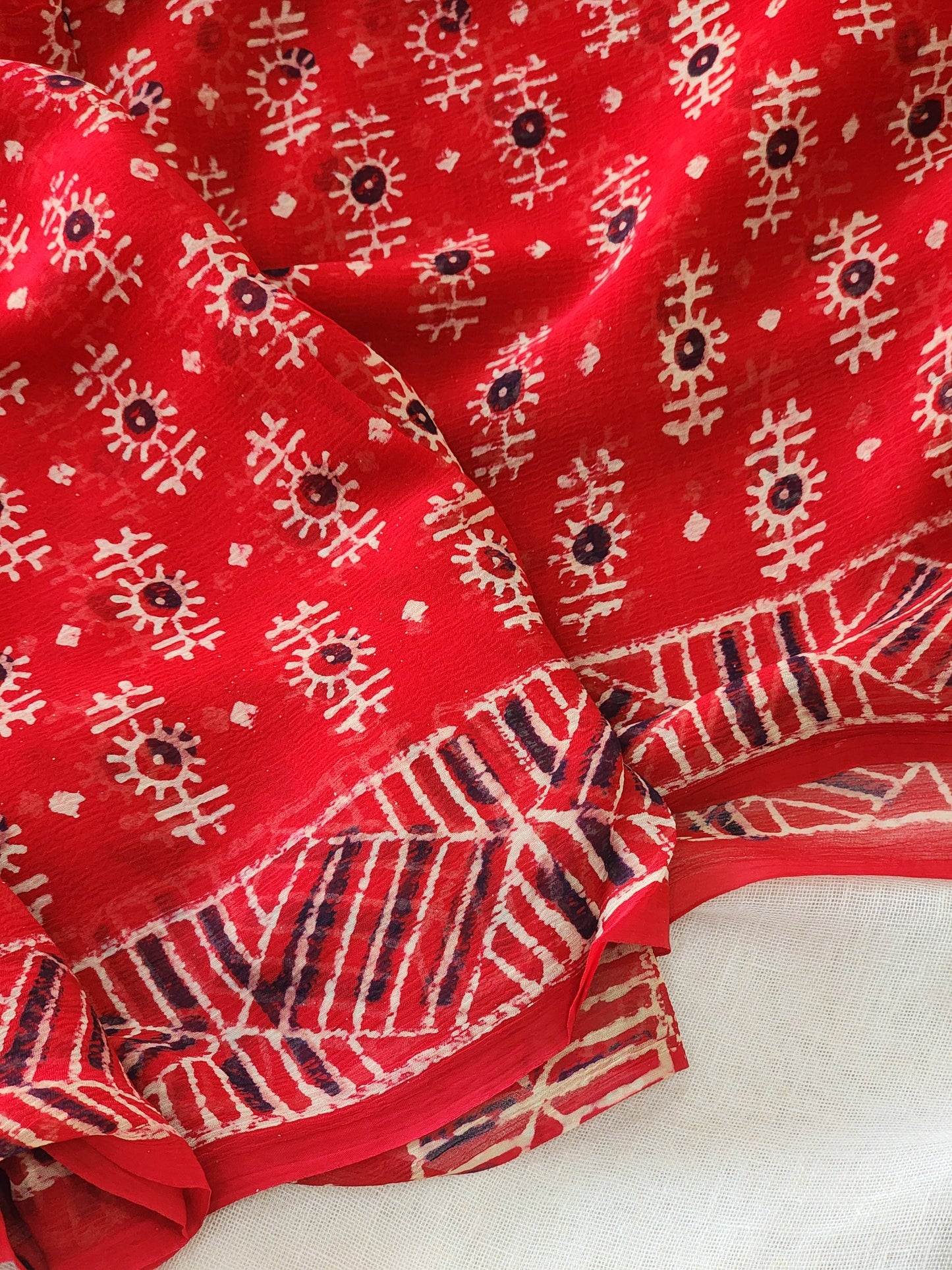 Red Chiffon Handblock Saree
