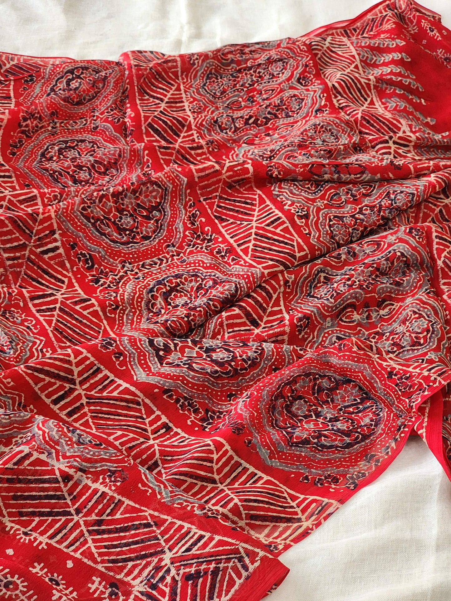 Red Chiffon Handblock Saree