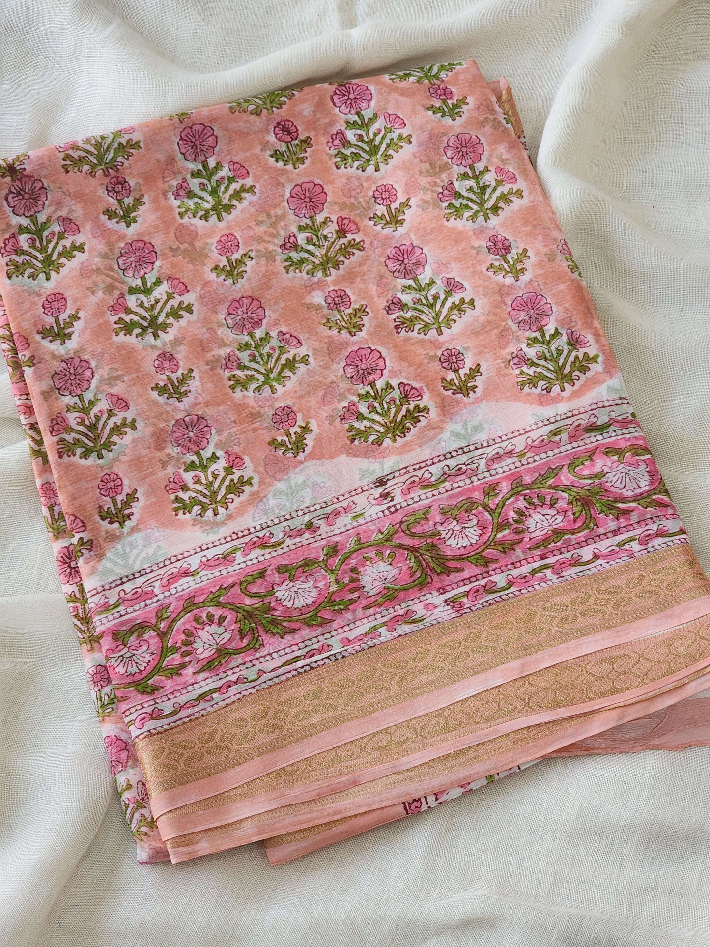 Peach Chiffon Handblock Saree