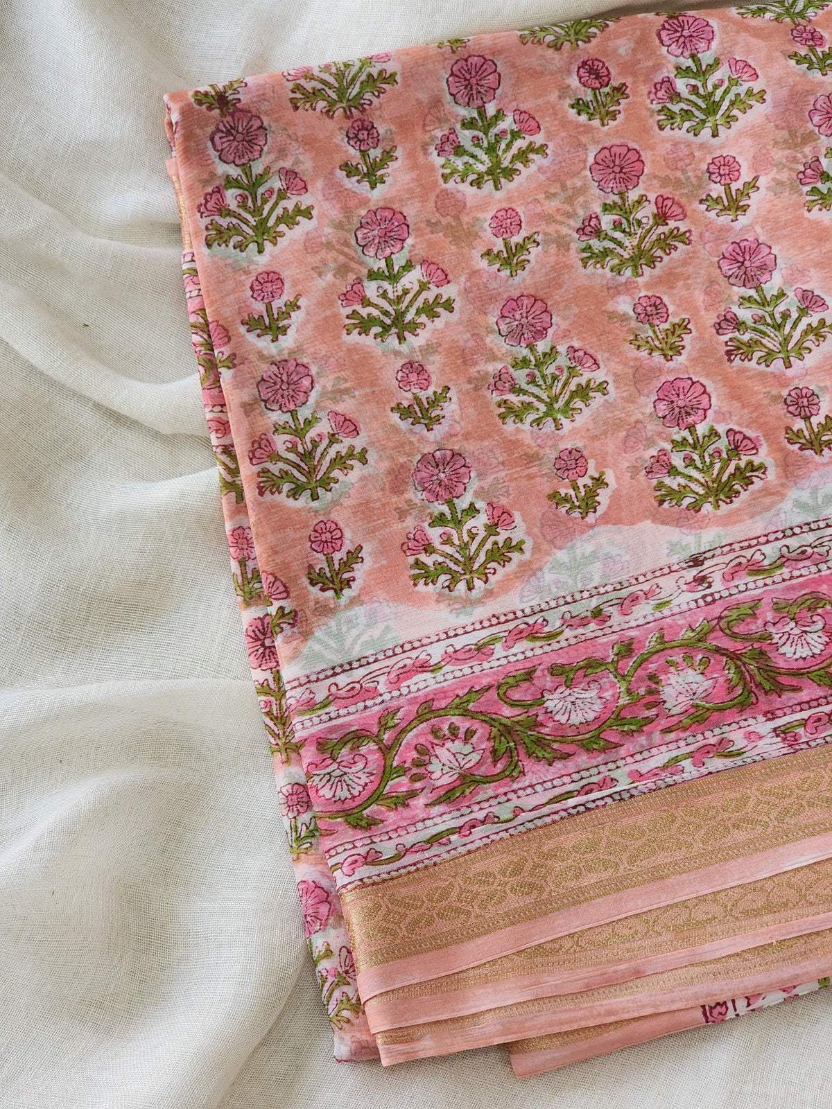 Peach Chiffon Handblock Saree