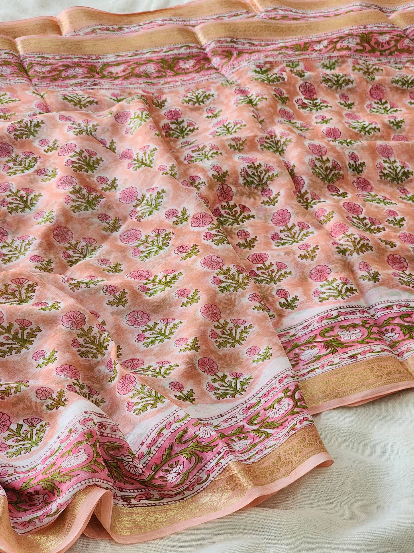 Peach Chiffon Handblock Saree