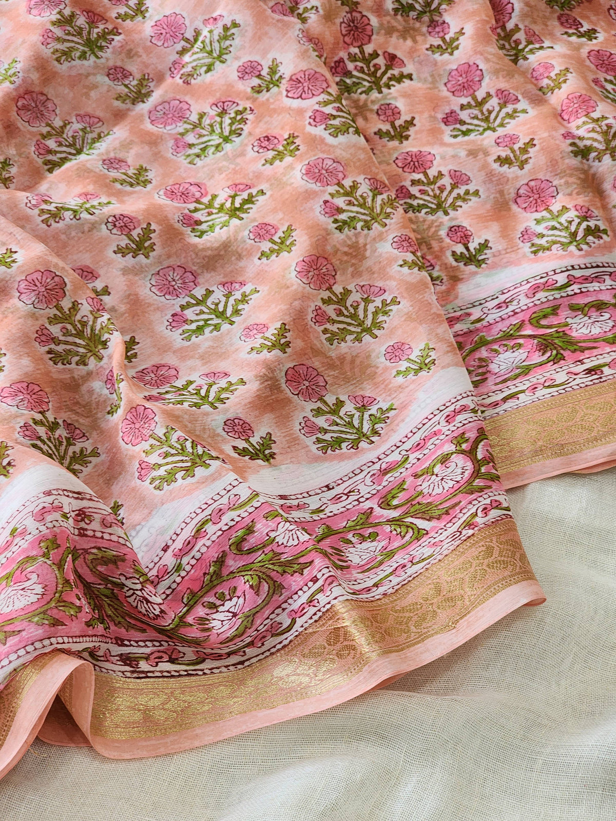 Peach Chiffon Handblock Saree