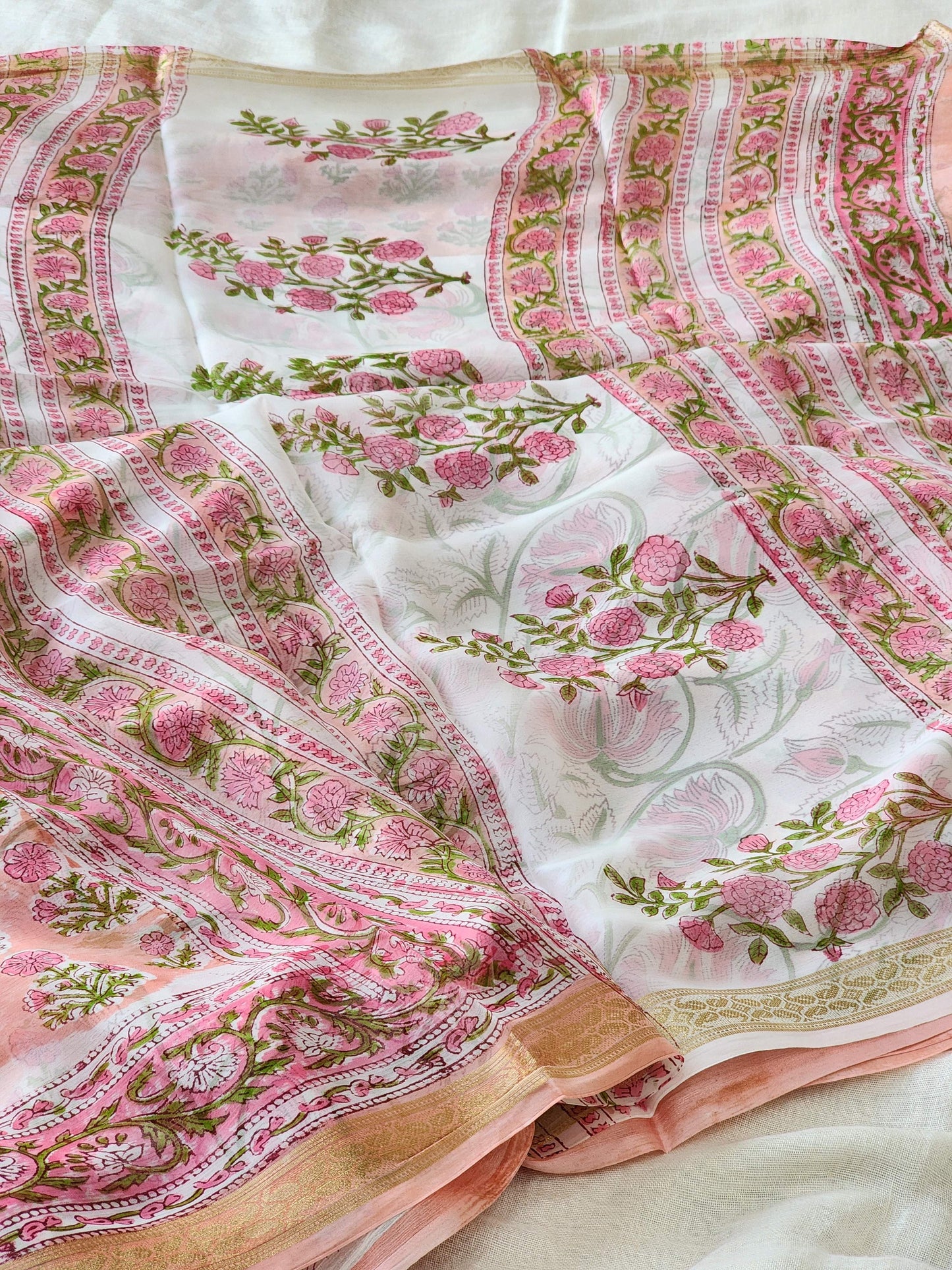 Peach Chiffon Handblock Saree