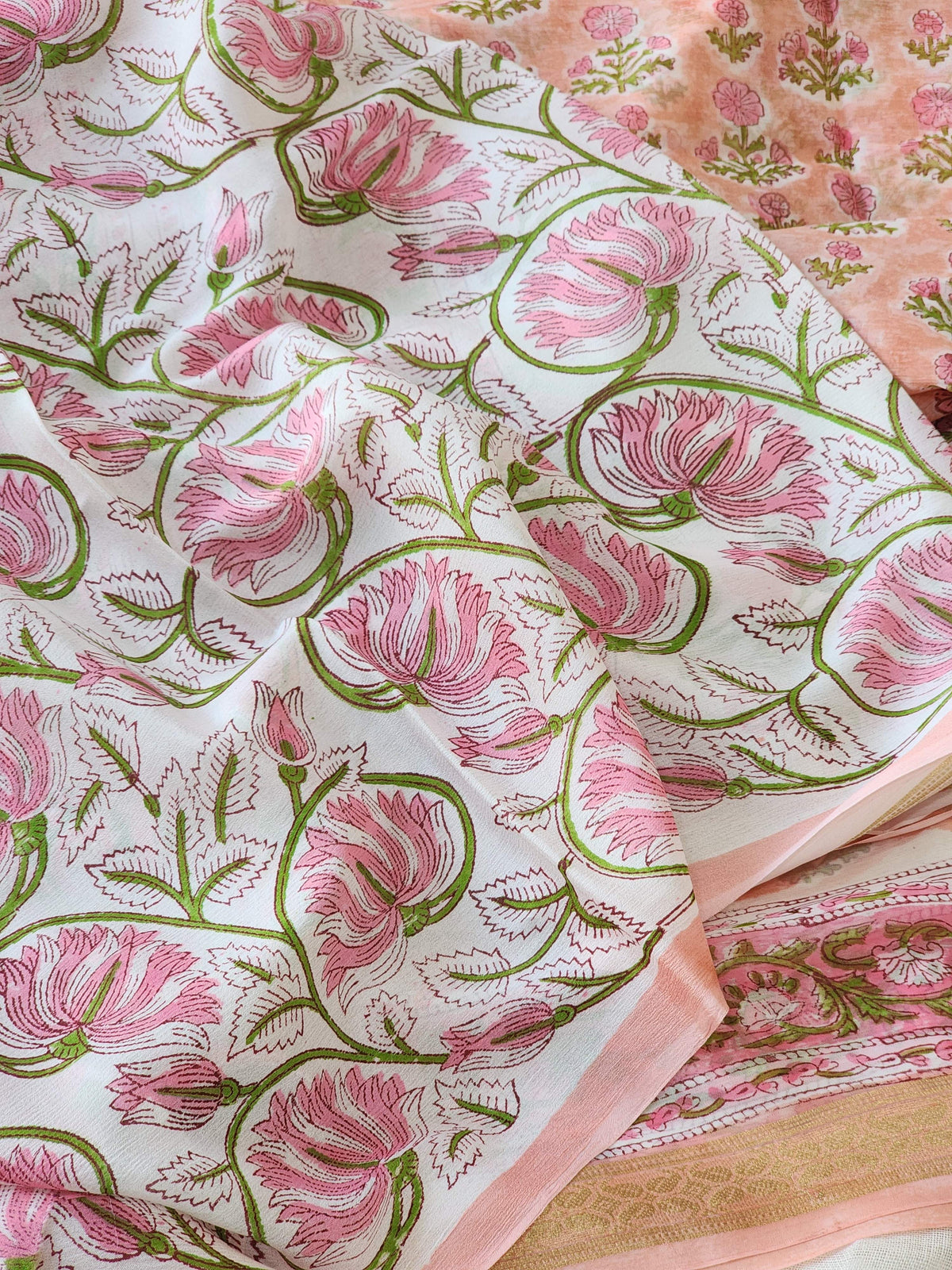 Peach Chiffon Handblock Saree