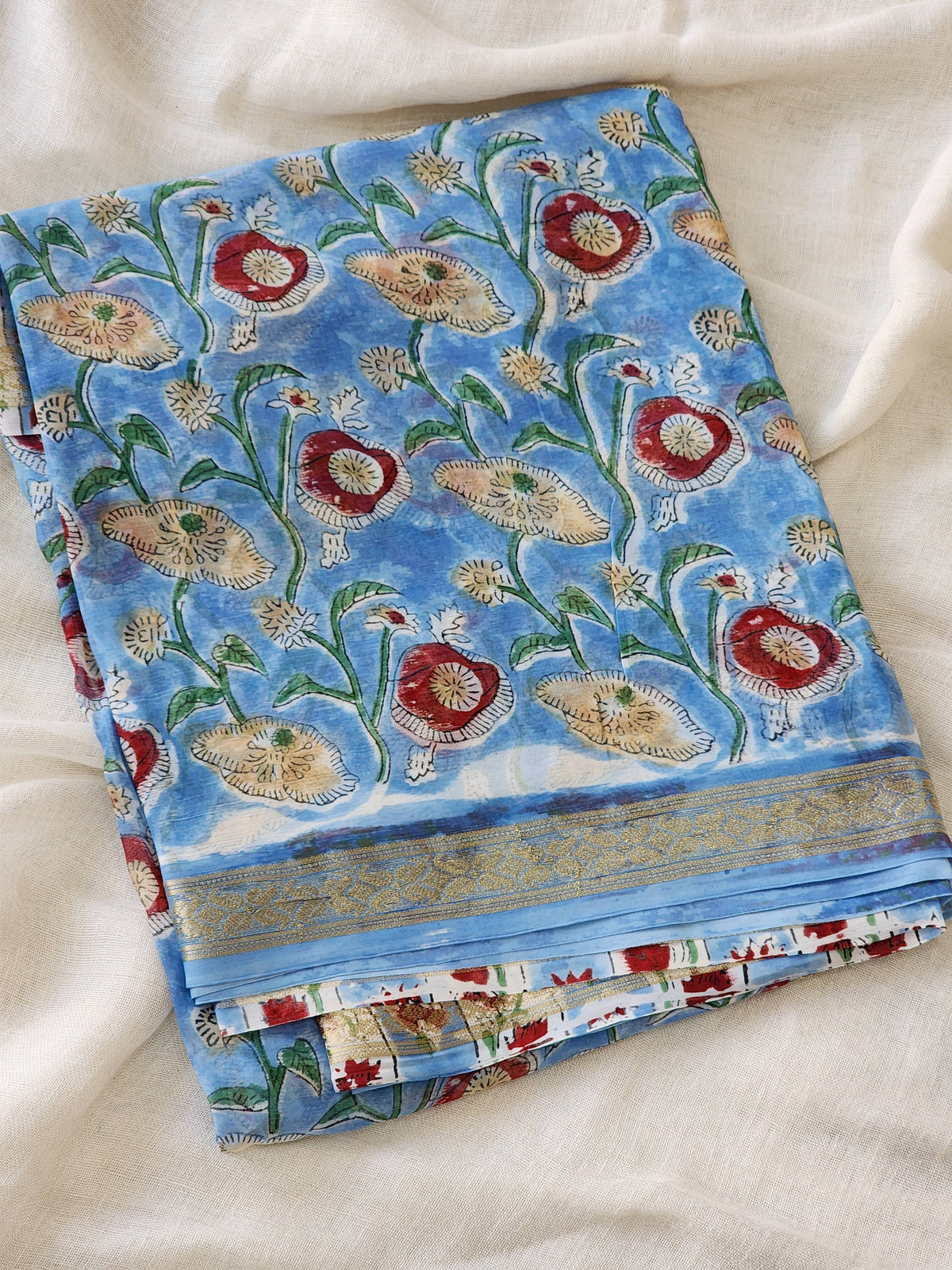 Blue Chiffon Handblock Saree