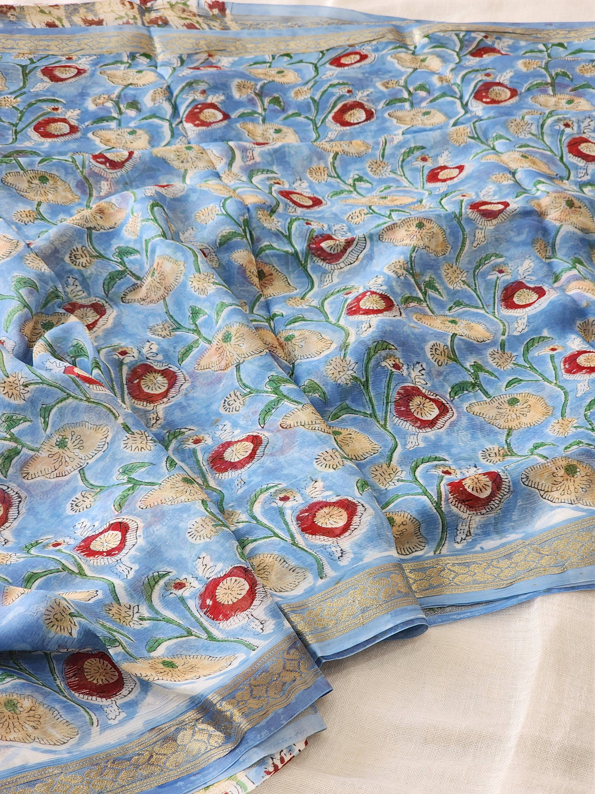 Blue Chiffon Handblock Saree