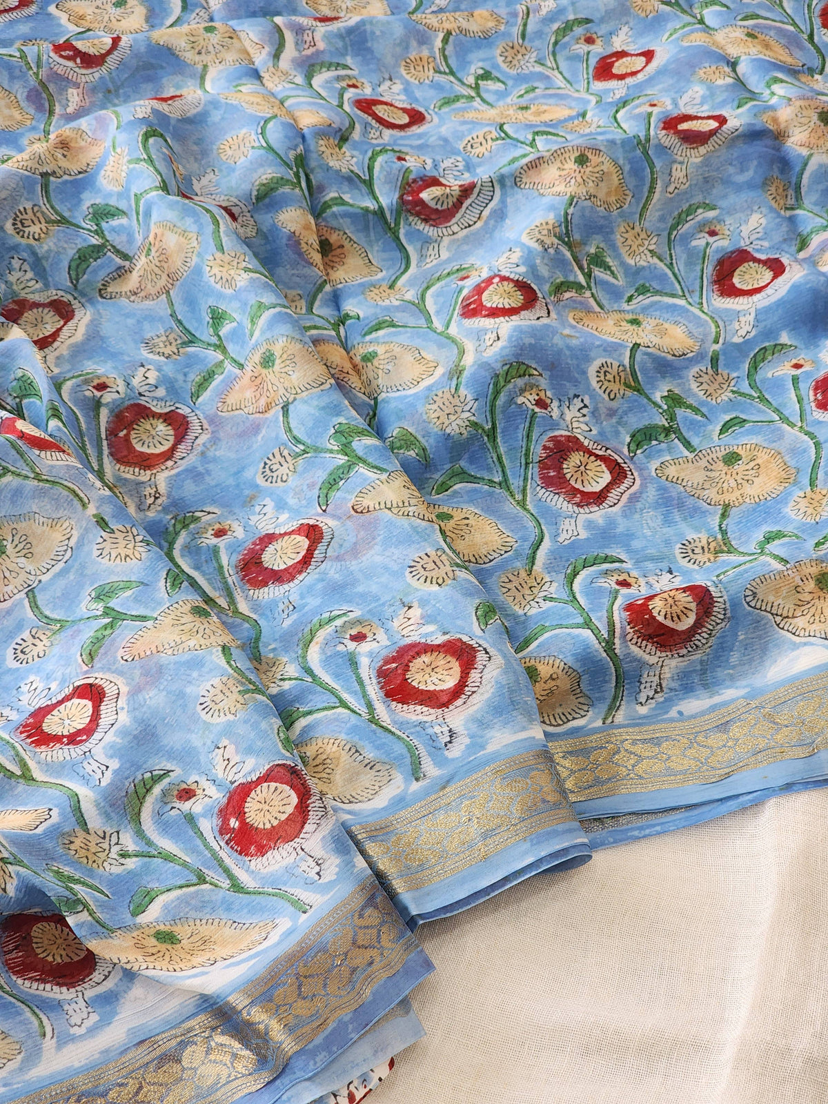 Blue Chiffon Handblock Saree