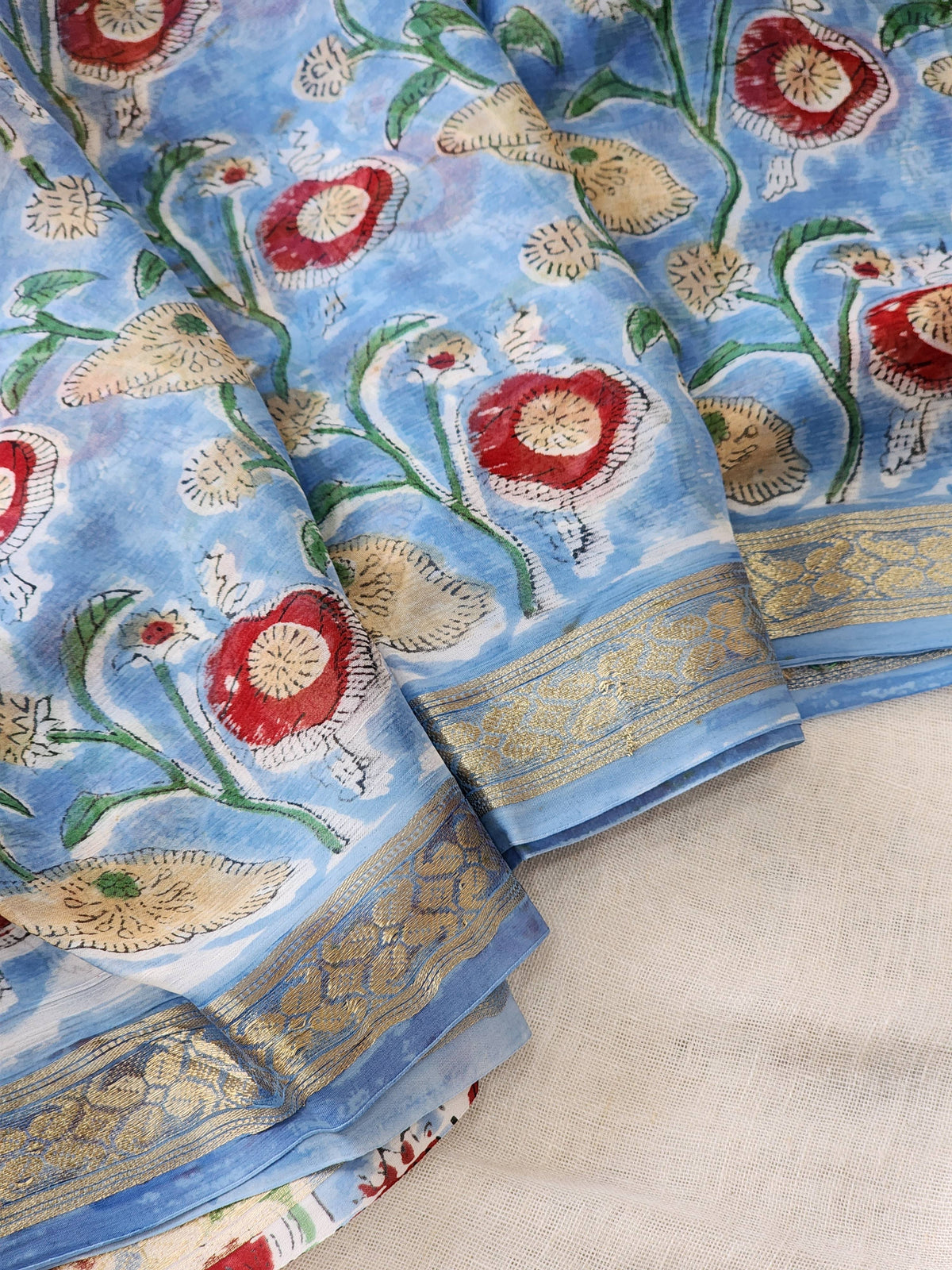 Blue Chiffon Handblock Saree