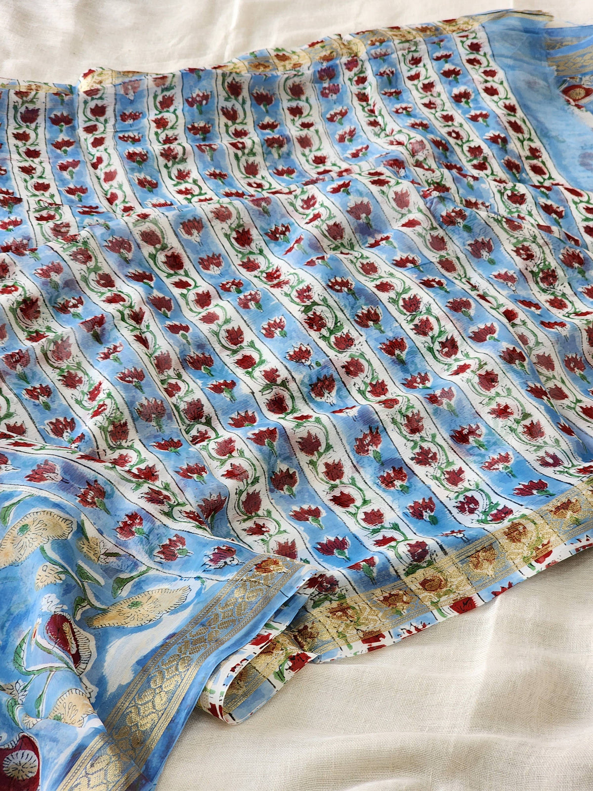 Blue Chiffon Handblock Saree