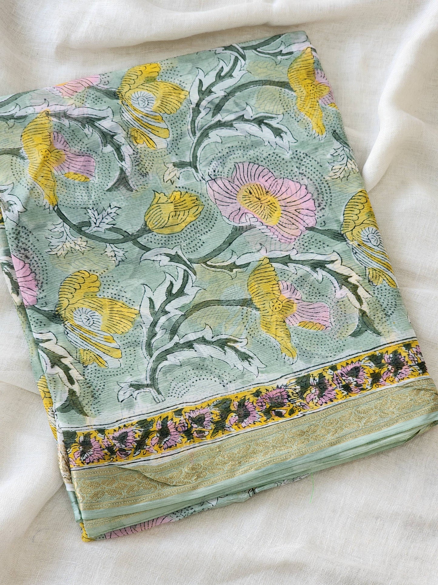 Mint Green Chiffon Handblock Saree