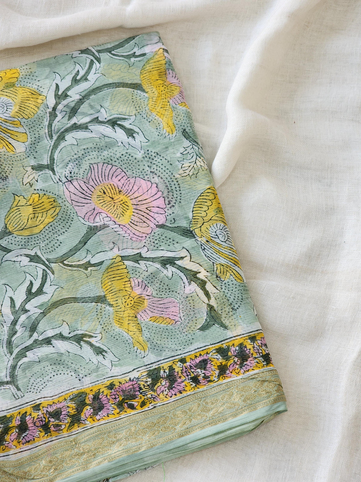 Mint Green Chiffon Handblock Saree
