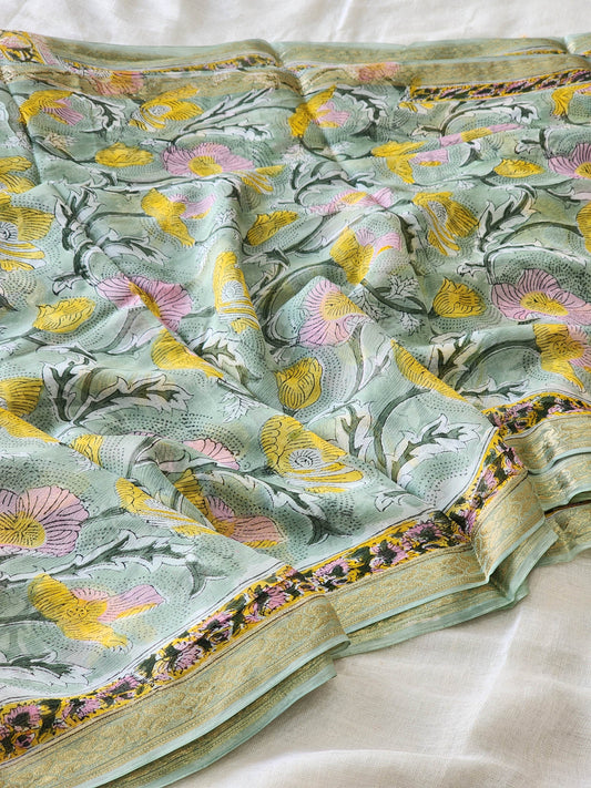 Mint Green Chiffon Handblock Saree
