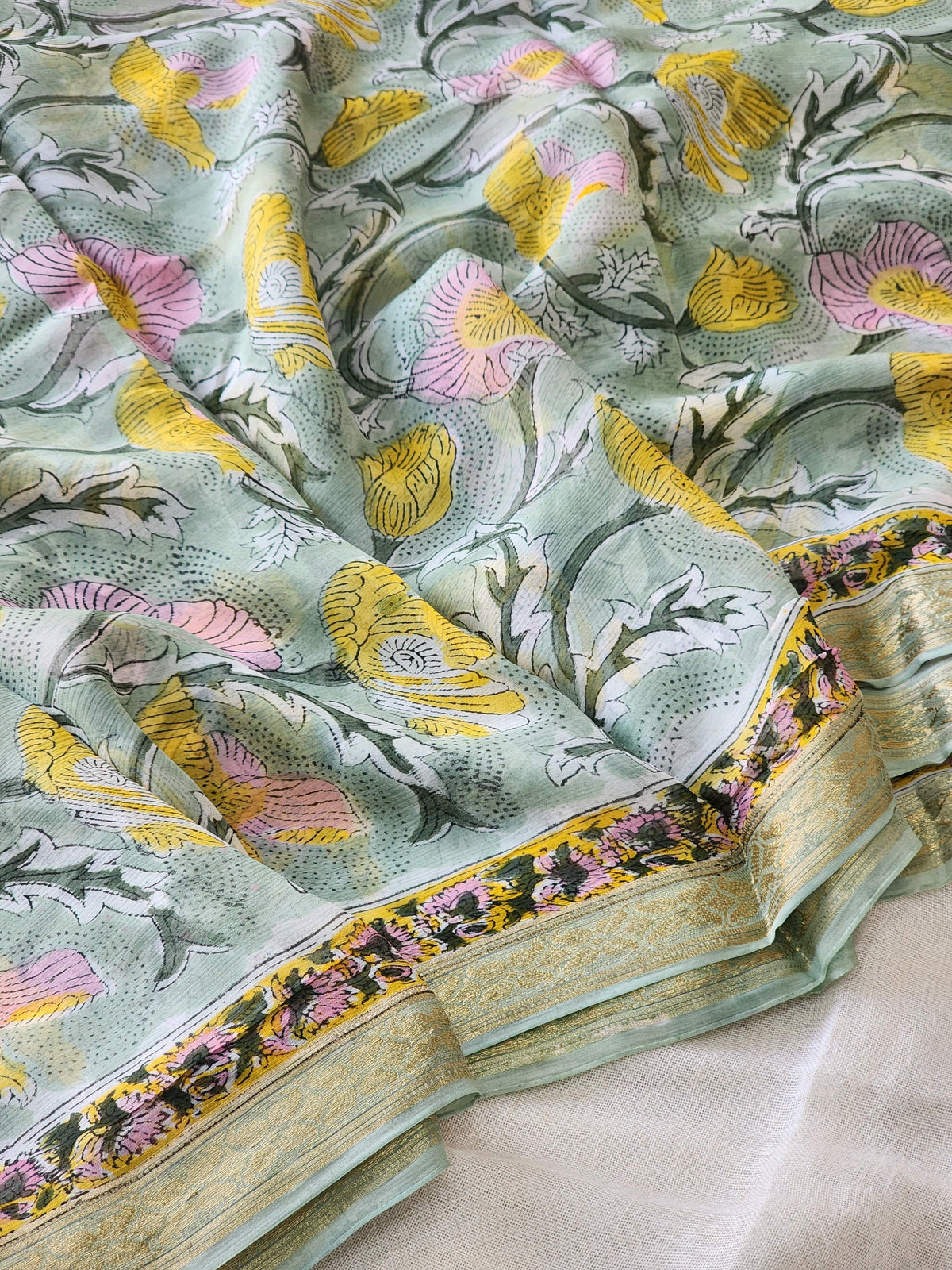 Mint Green Chiffon Handblock Saree