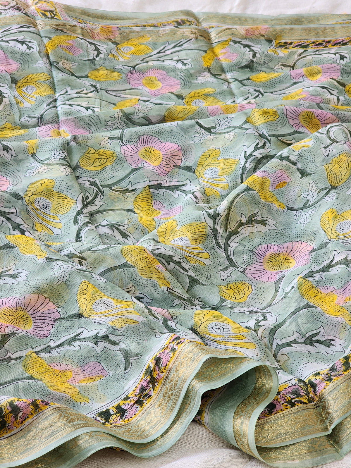 Mint Green Chiffon Handblock Saree