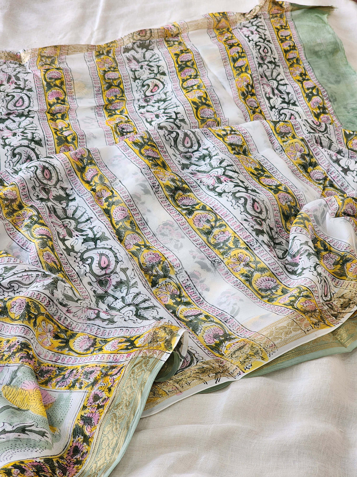 Mint Green Chiffon Handblock Saree