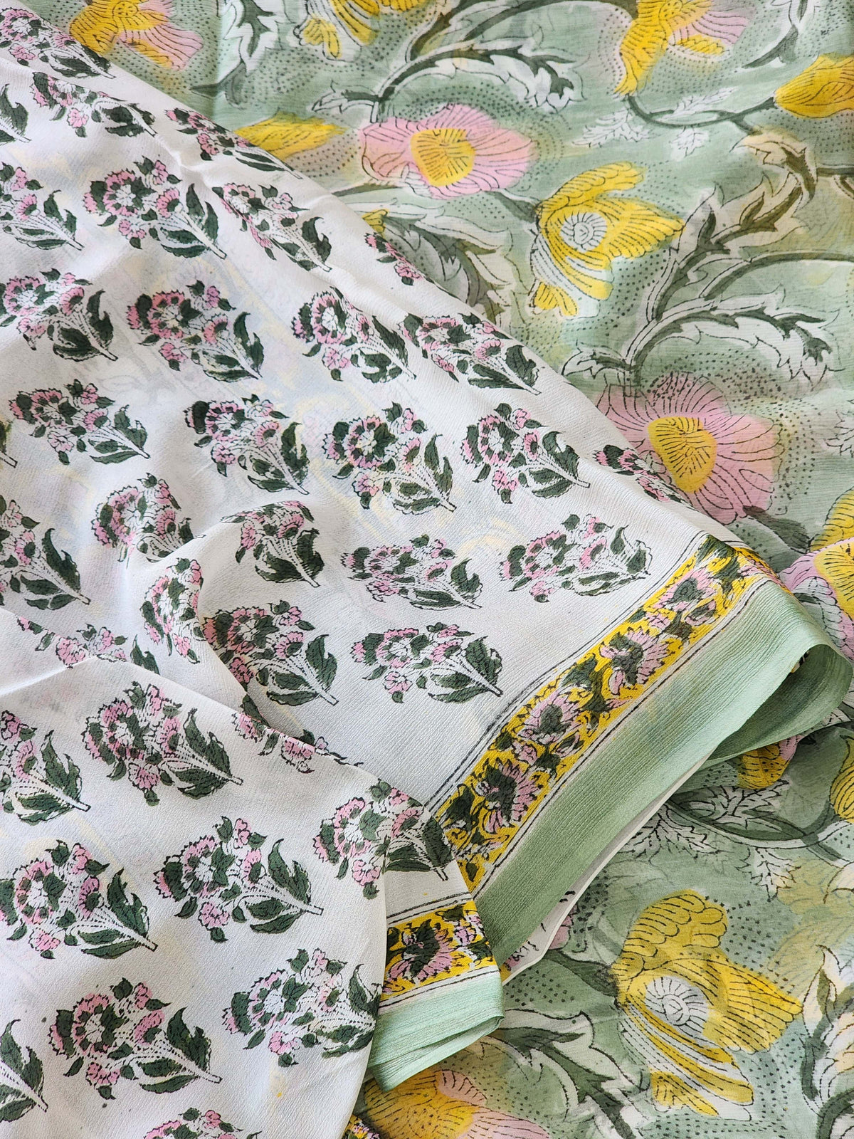 Mint Green Chiffon Handblock Saree