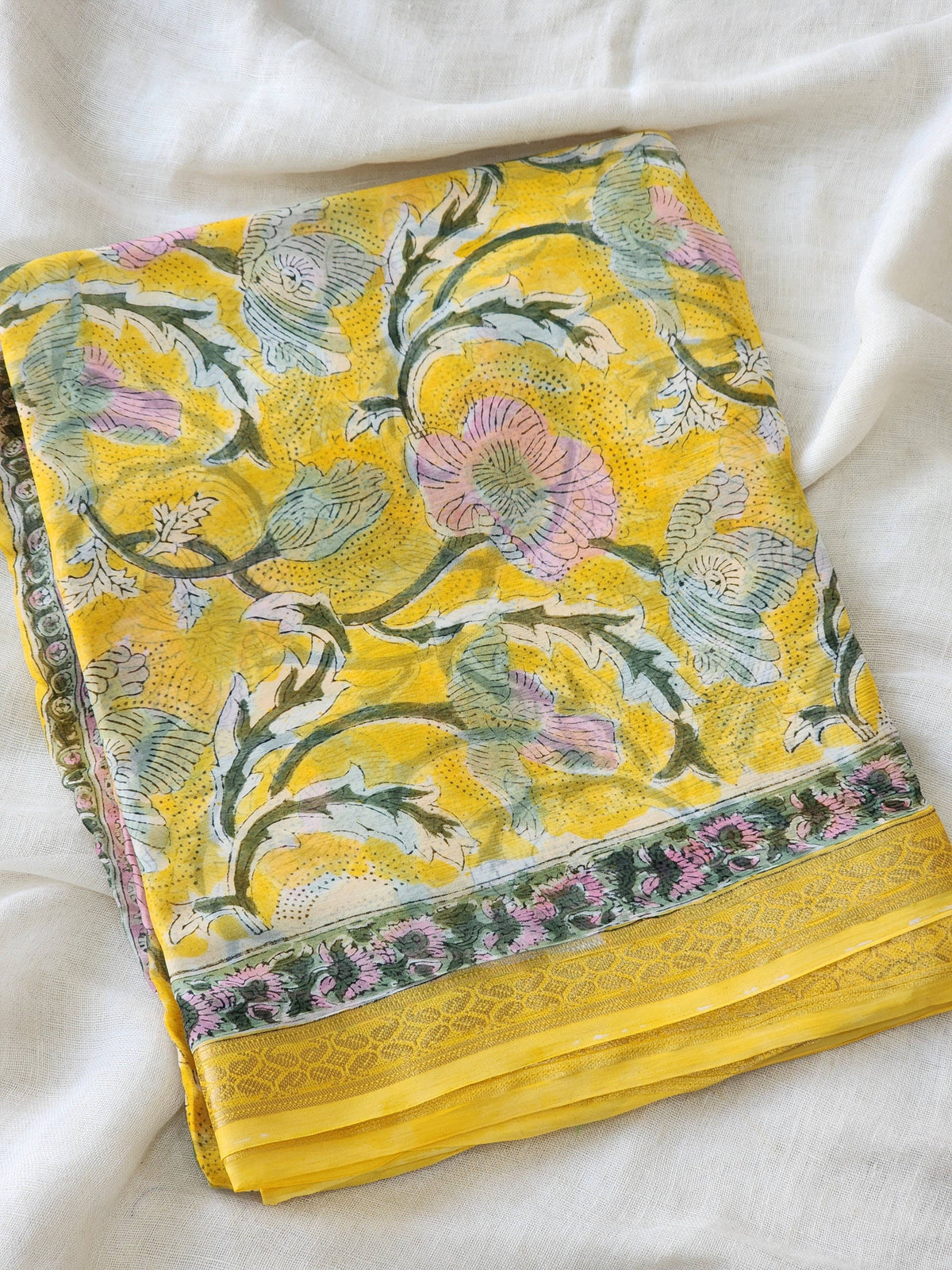 Yellow Chiffon Handblock Saree