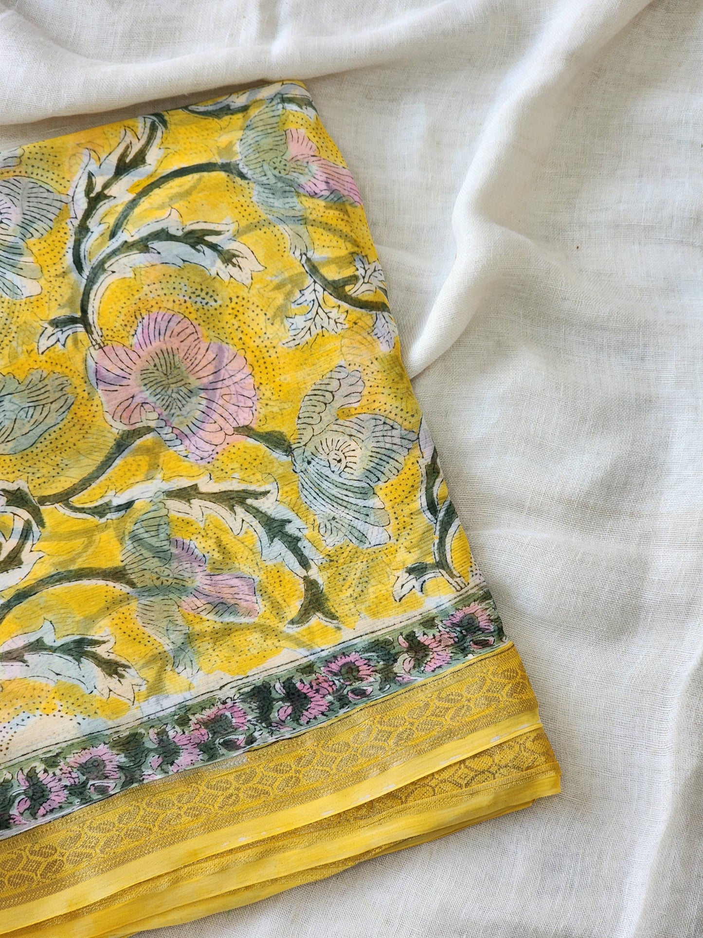 Yellow Chiffon Handblock Saree