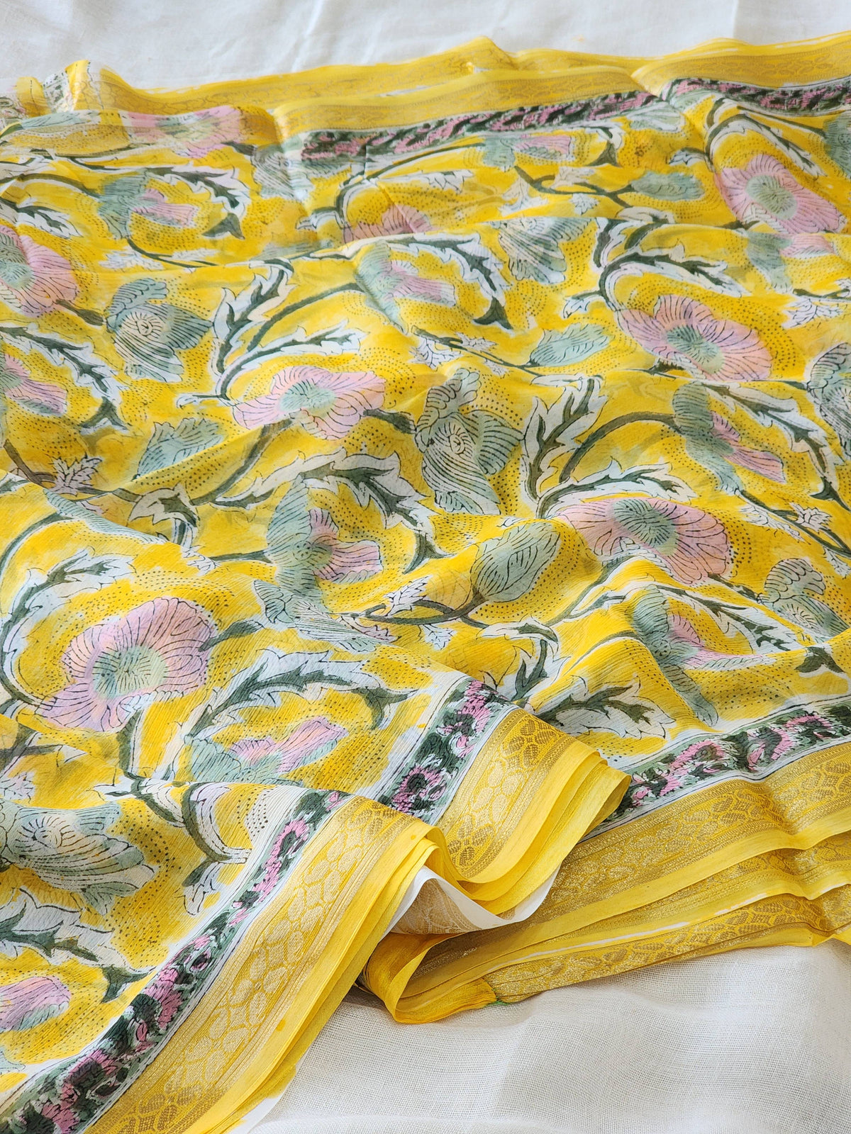 Yellow Chiffon Handblock Saree