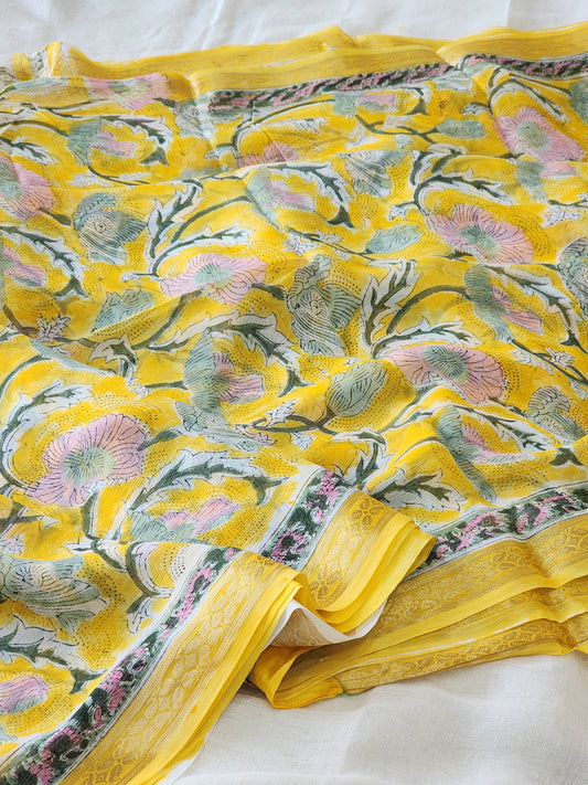 Yellow Chiffon Handblock Saree