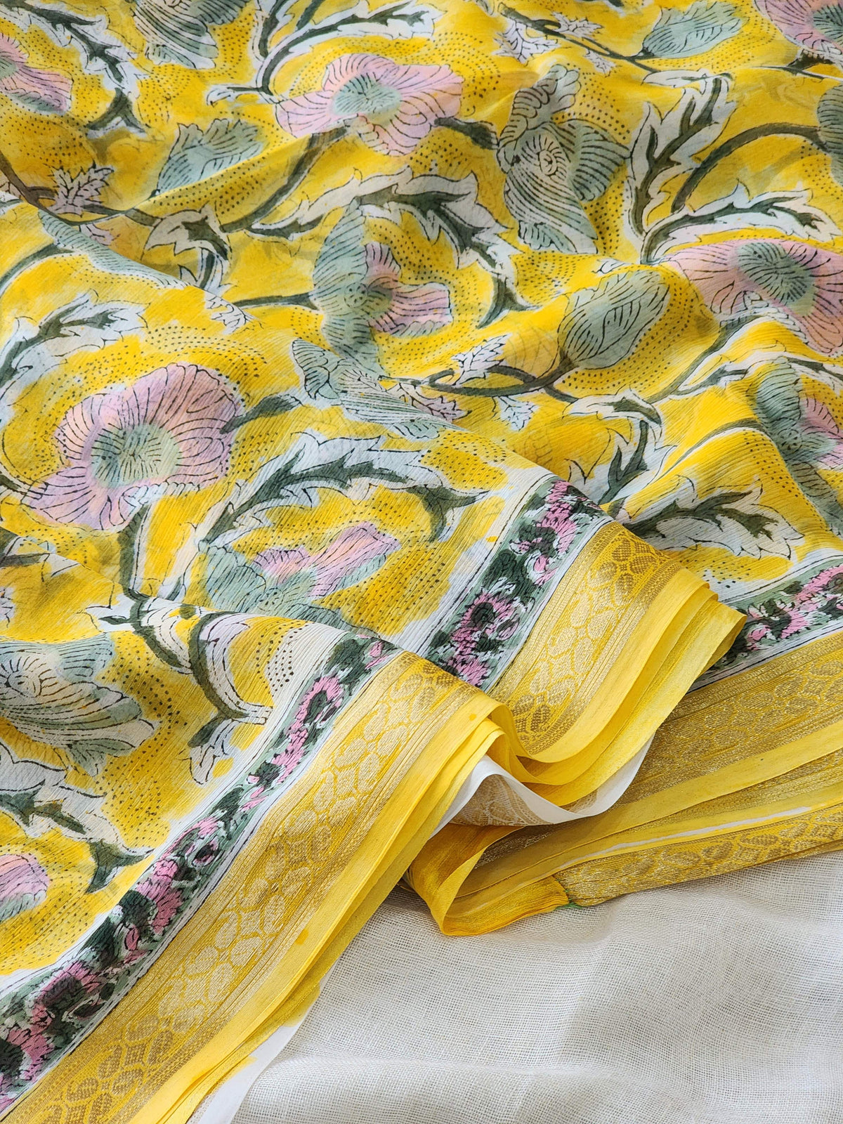 Yellow Chiffon Handblock Saree
