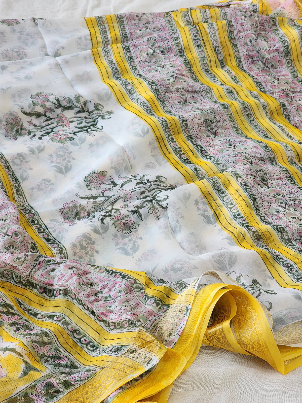 Yellow Chiffon Handblock Saree
