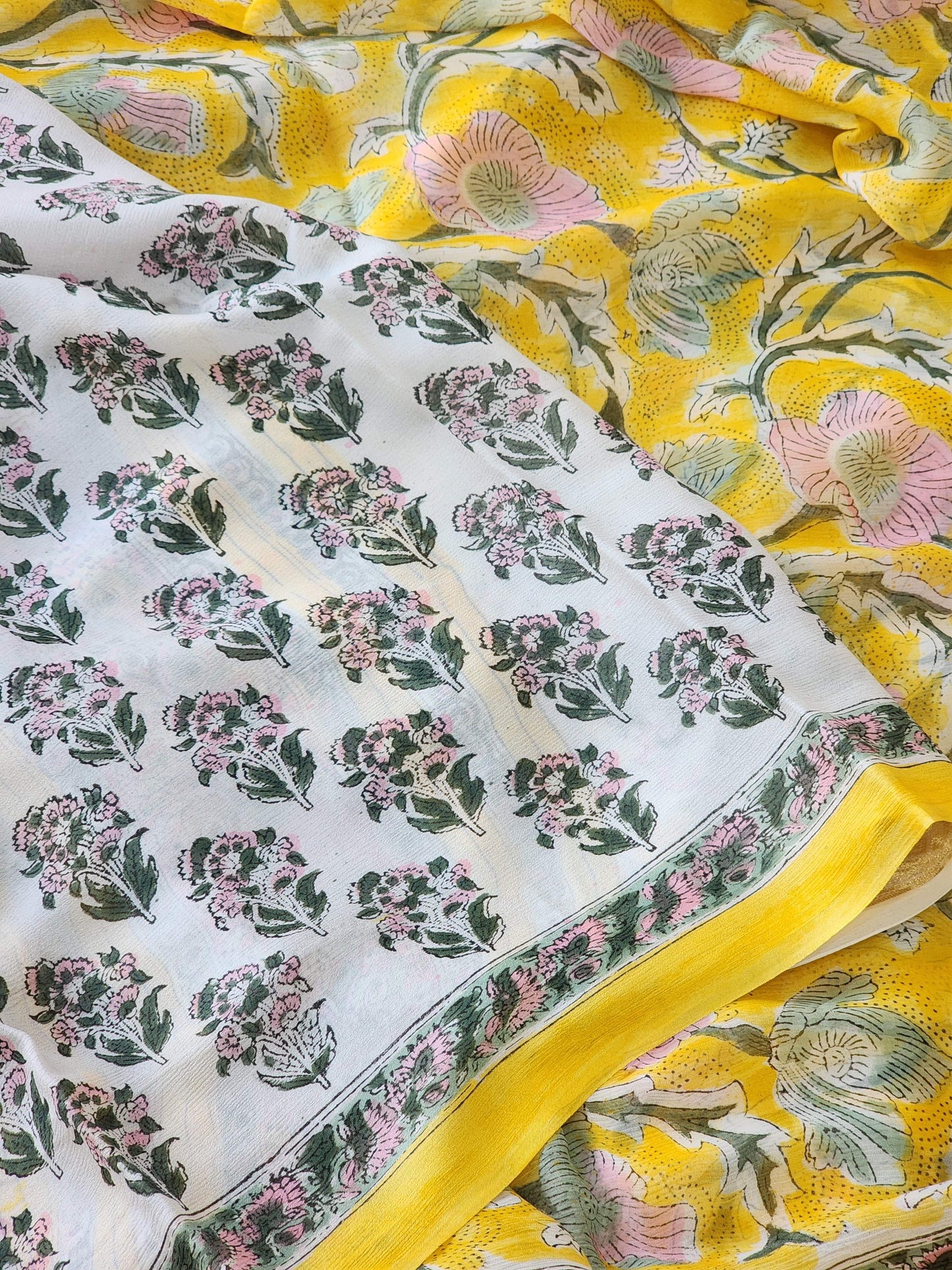 Yellow Chiffon Handblock Saree