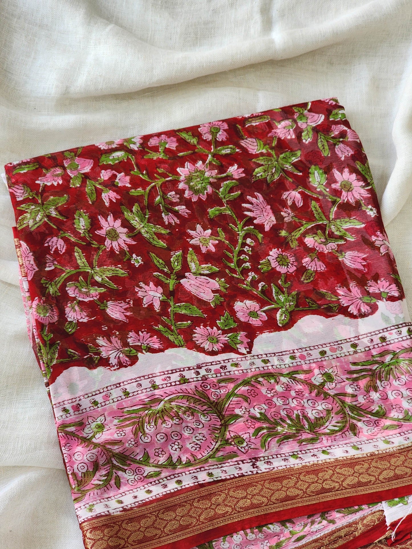 Deep Red Chiffon Handblock Saree