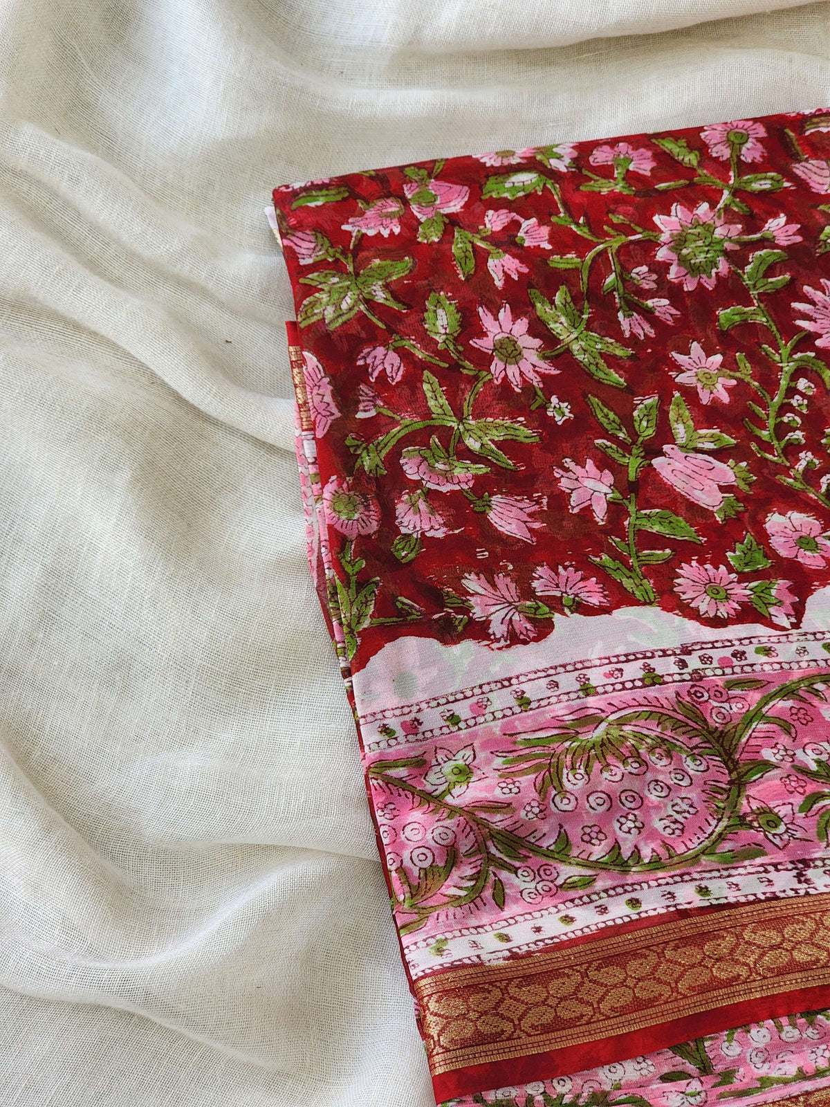 Deep Red Chiffon Handblock Saree