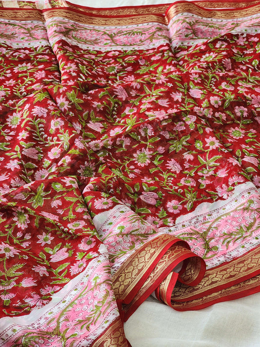 Deep Red Chiffon Handblock Saree