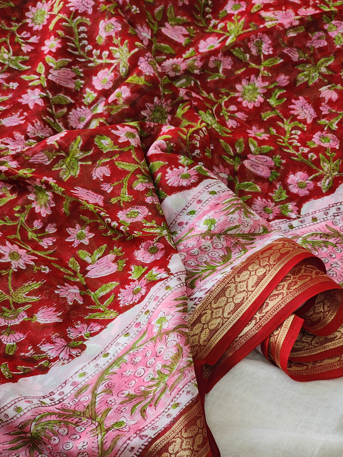 Deep Red Chiffon Handblock Saree