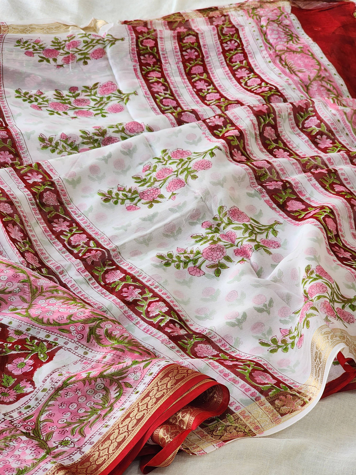 Deep Red Chiffon Handblock Saree
