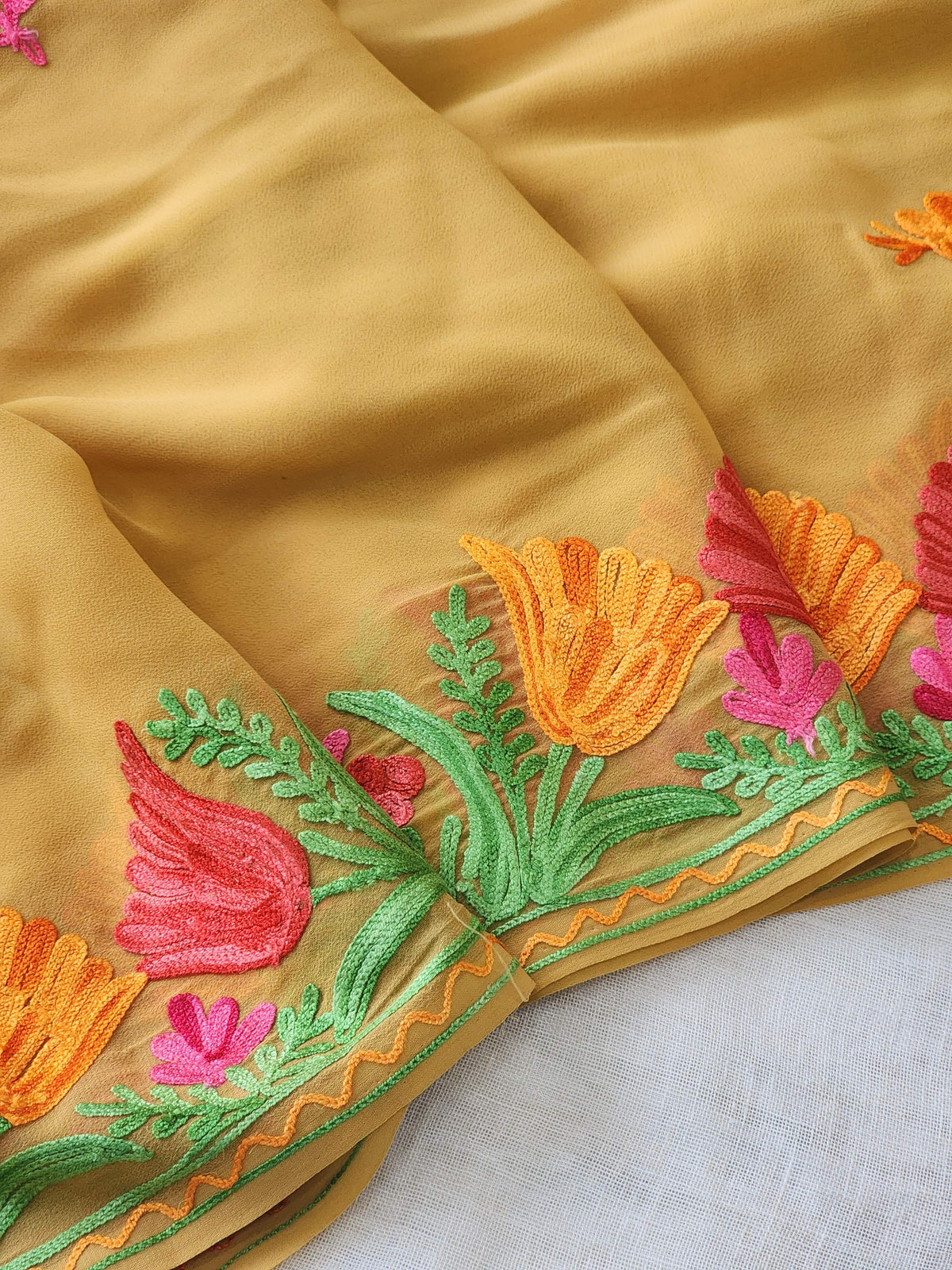 Mustard Georgette Kashmiri Woven Saree