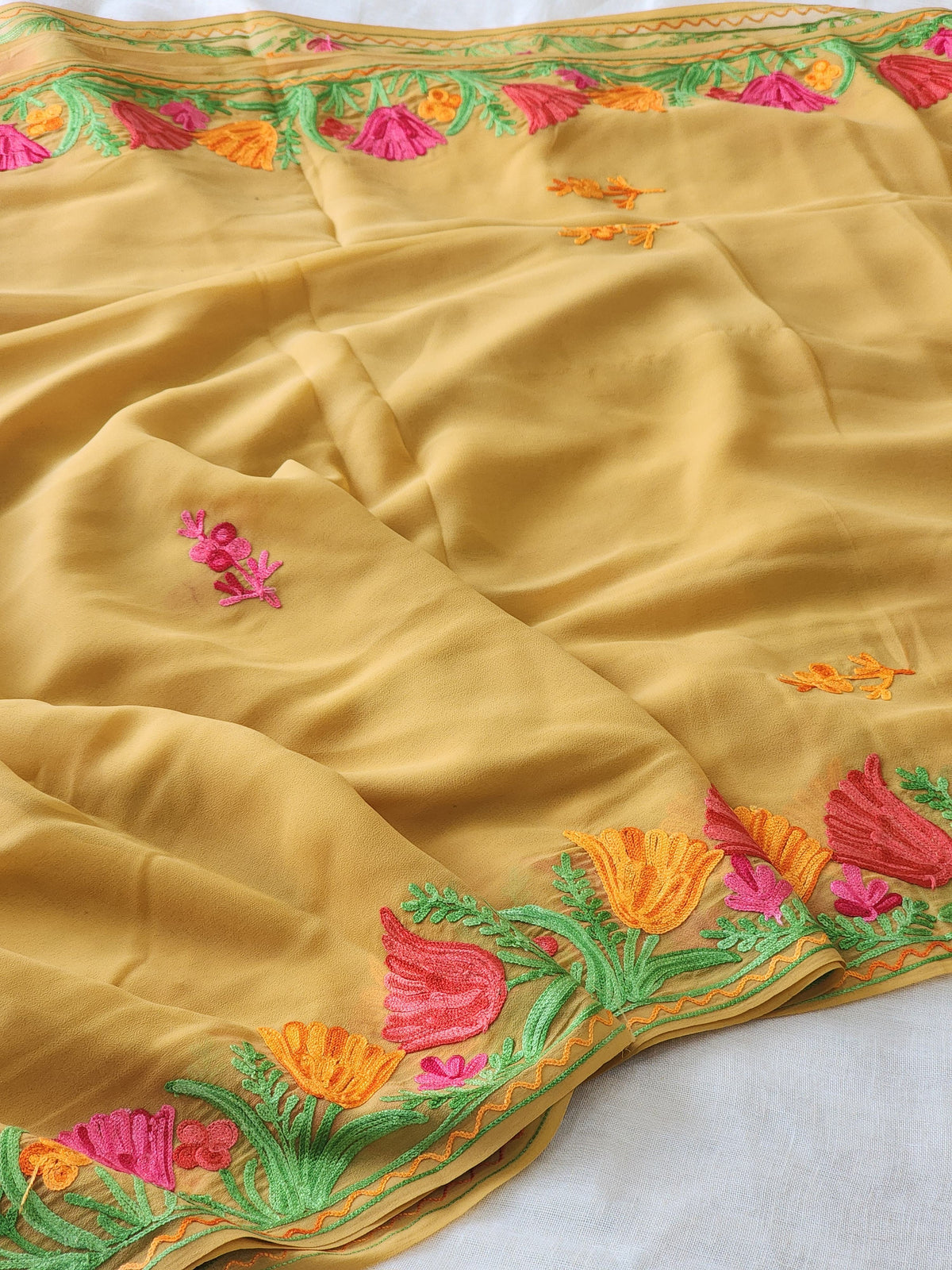 Mustard Georgette Kashmiri Woven Saree