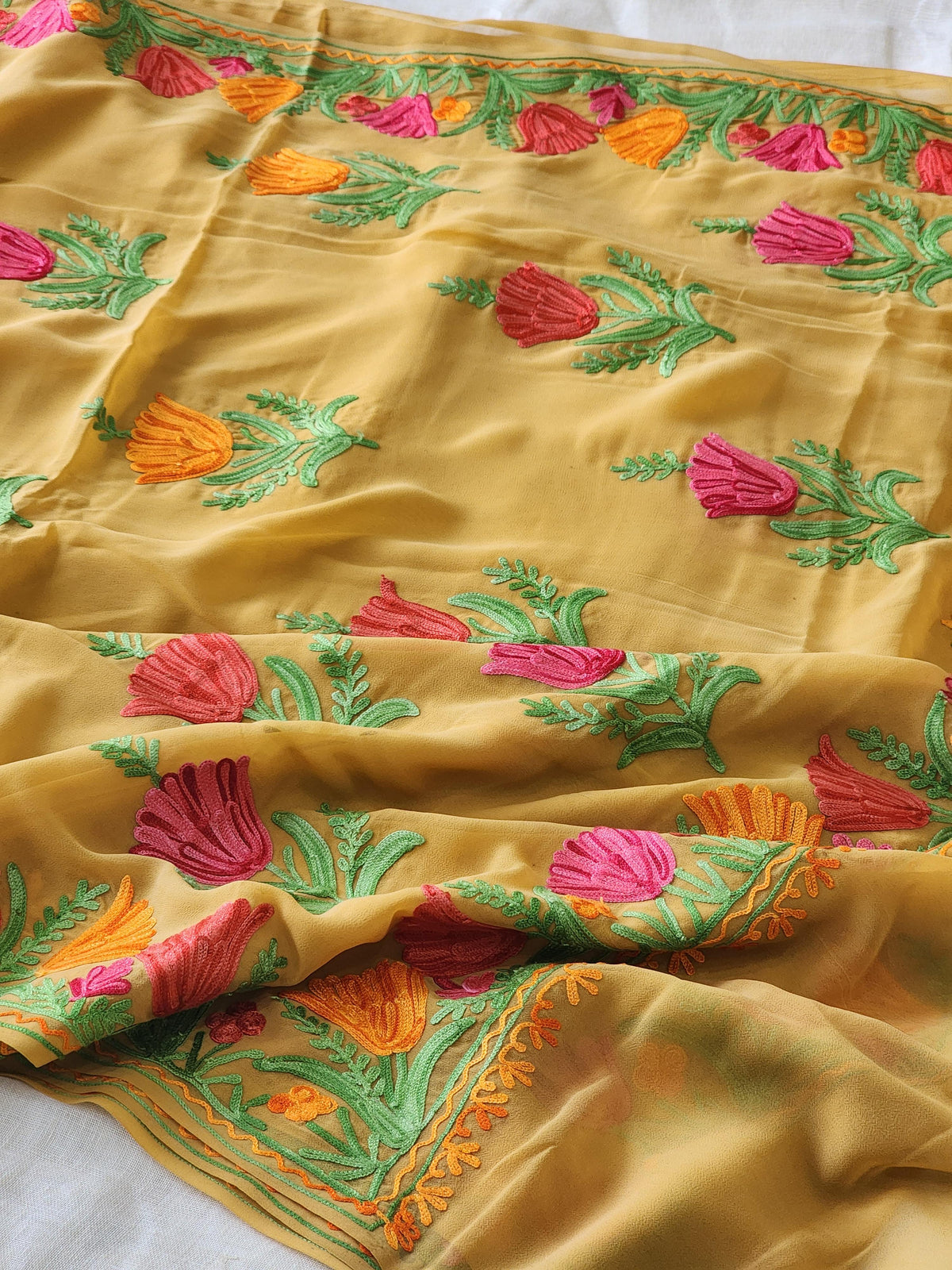 Mustard Georgette Kashmiri Woven Saree