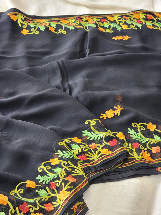 Black Georgette Kashmiri Woven Saree