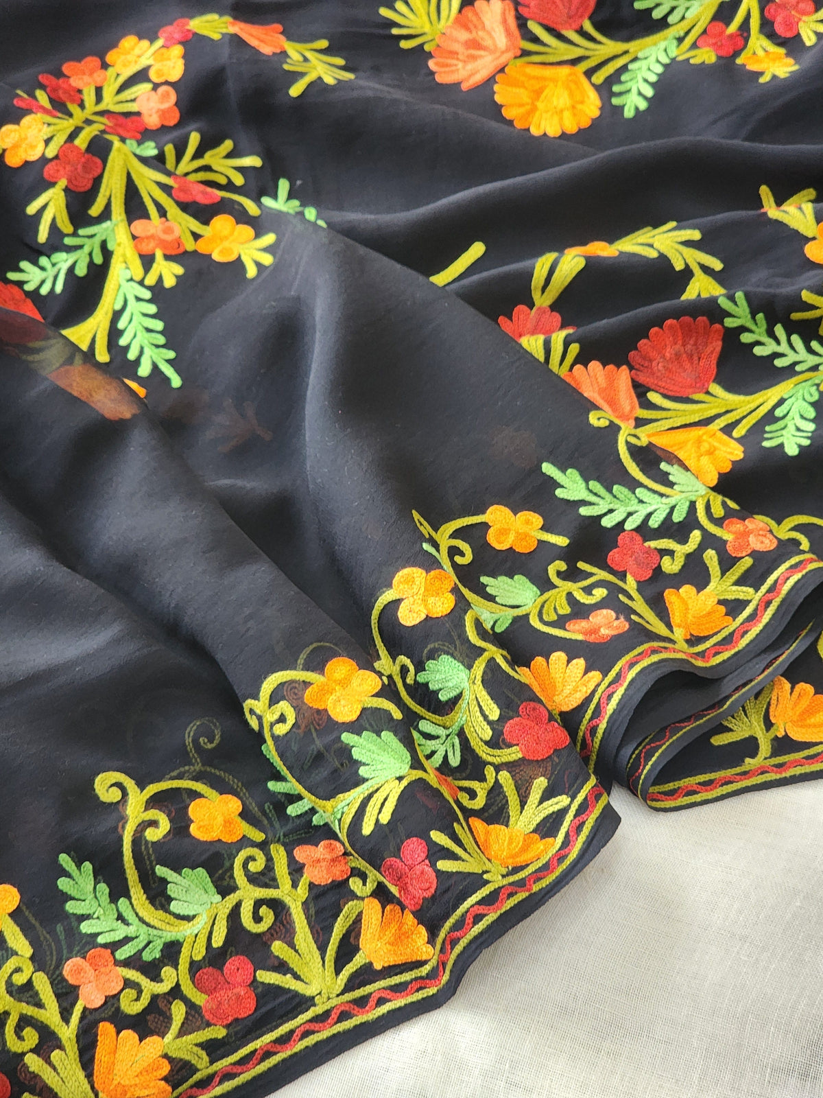 Black Georgette Kashmiri Woven Saree