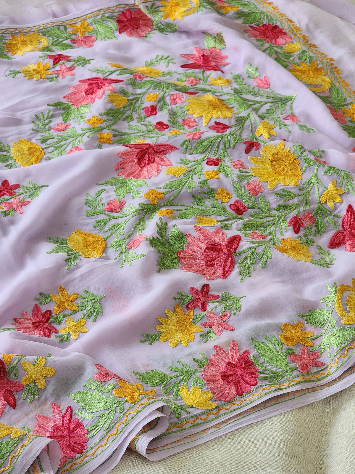 Light Mauve Georgette Kashmiri Woven Saree