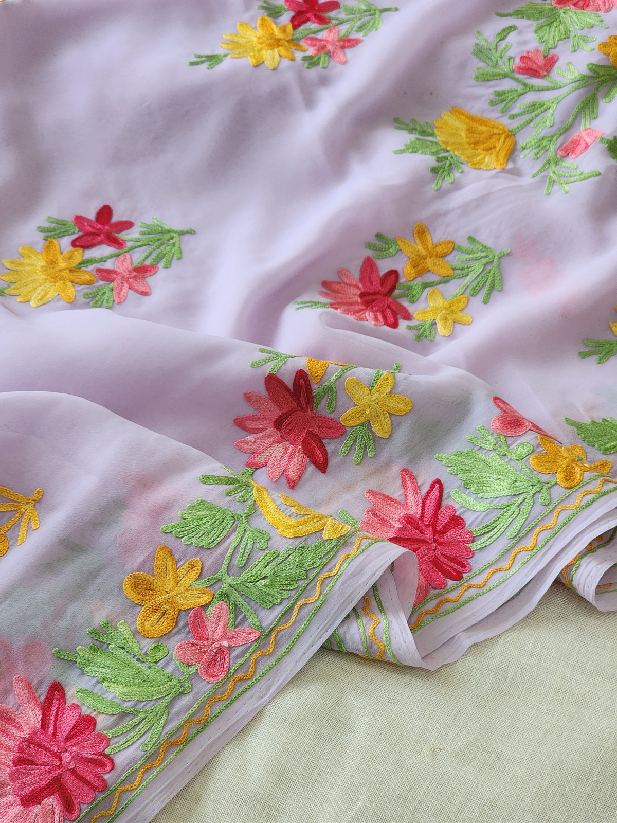 Light Mauve Georgette Kashmiri Woven Saree