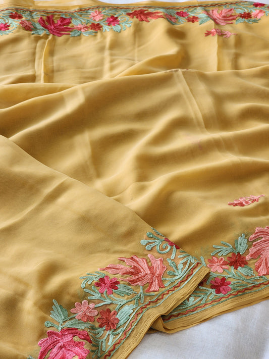 Mustard Georgette Kashmiri Woven Saree