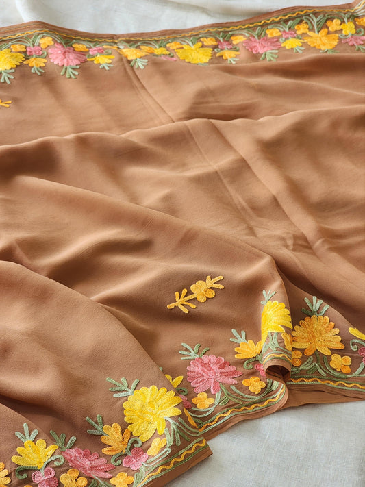 Brown Georgette Kashmiri Woven Saree