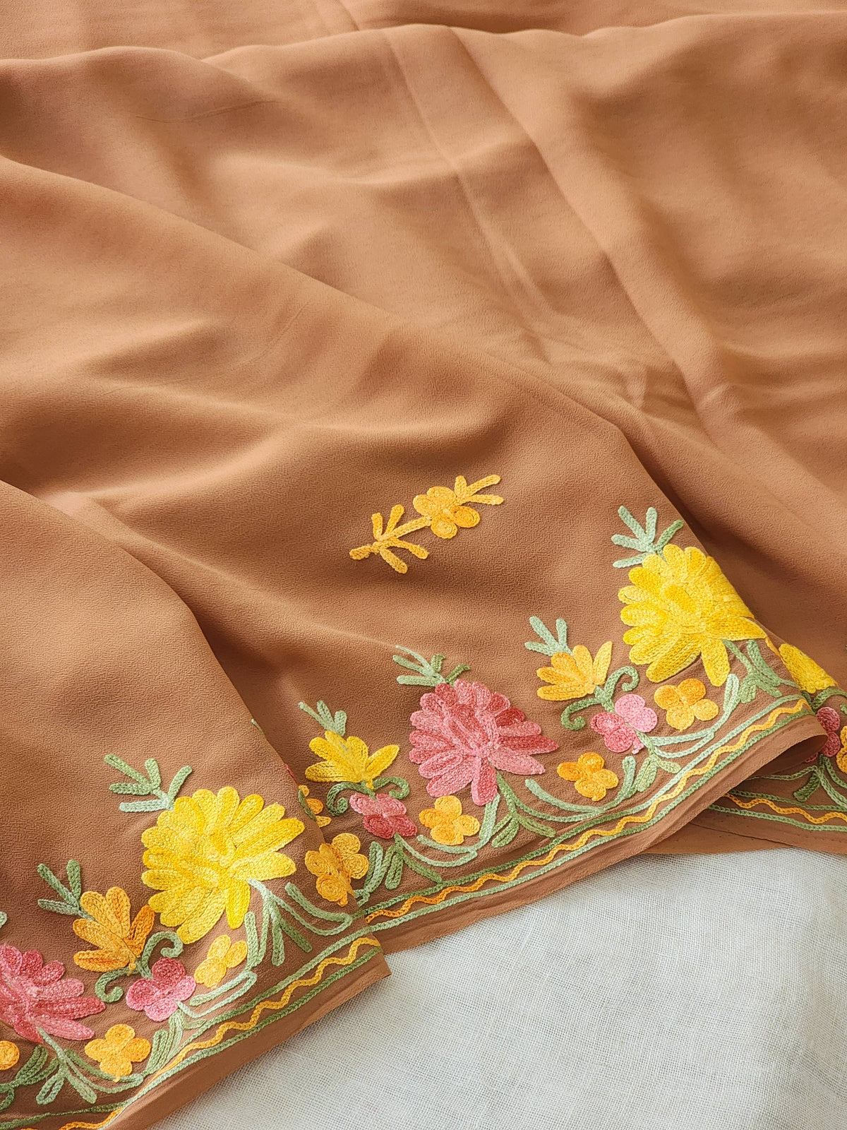 Brown Georgette Kashmiri Woven Saree