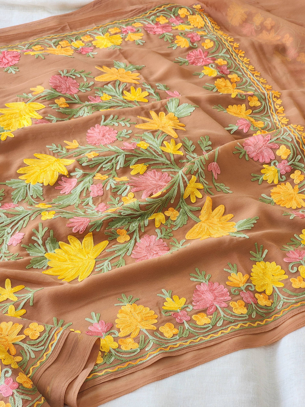 Brown Georgette Kashmiri Woven Saree