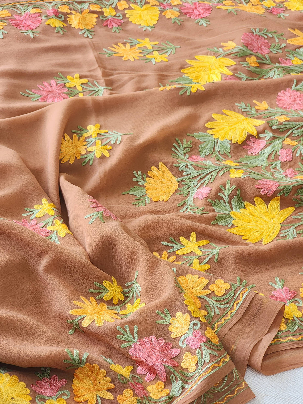 Brown Georgette Kashmiri Woven Saree