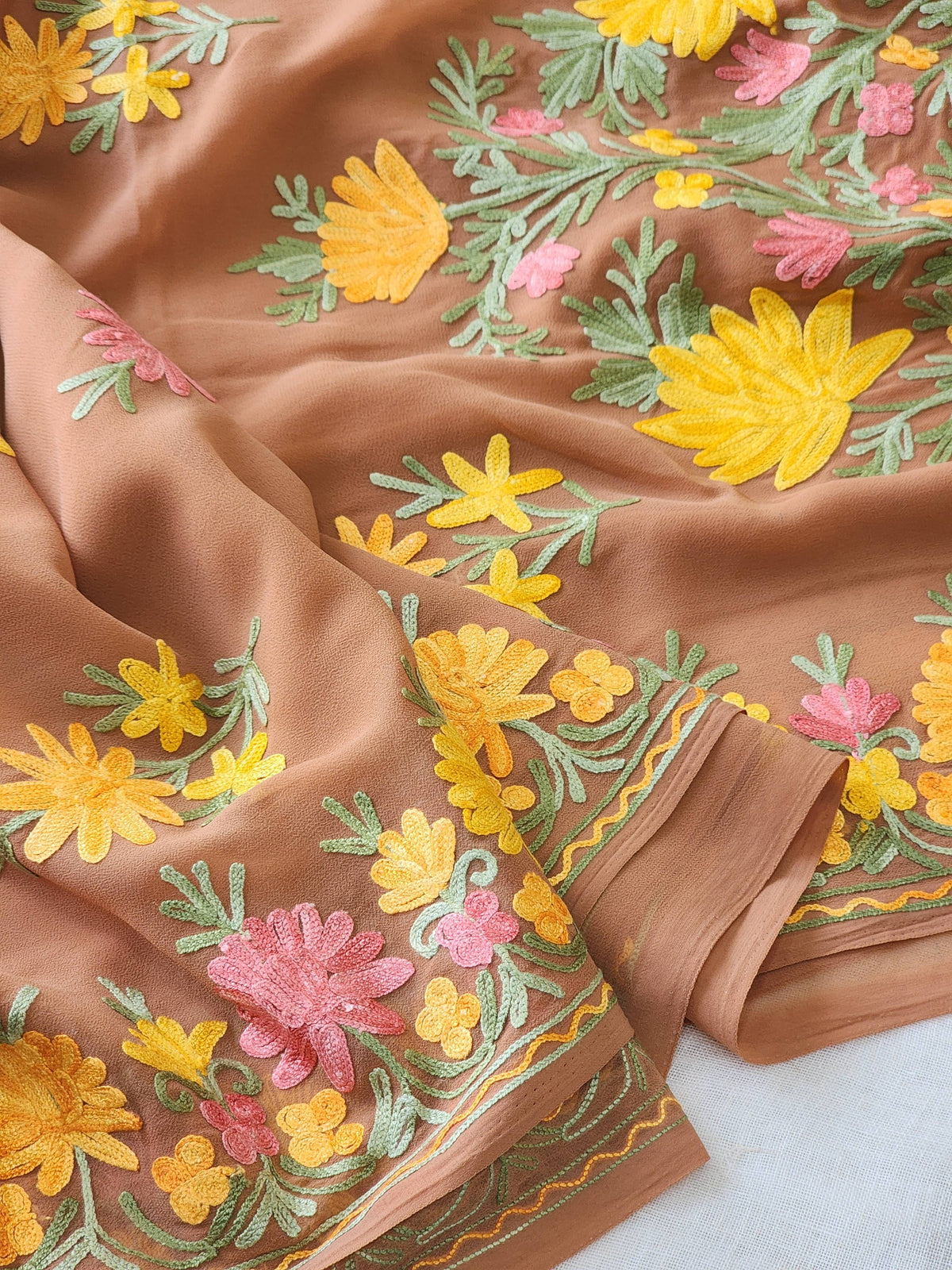 Brown Georgette Kashmiri Woven Saree