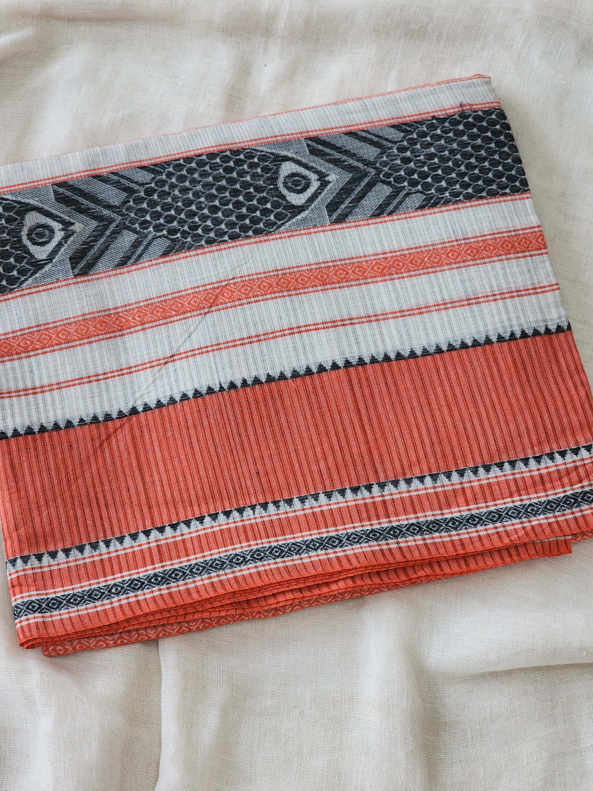 Orange & Black Dhonekhali Cotton Saree
