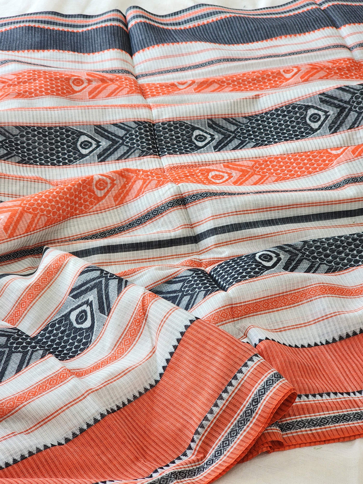 Orange & Black Dhonekhali Cotton Saree