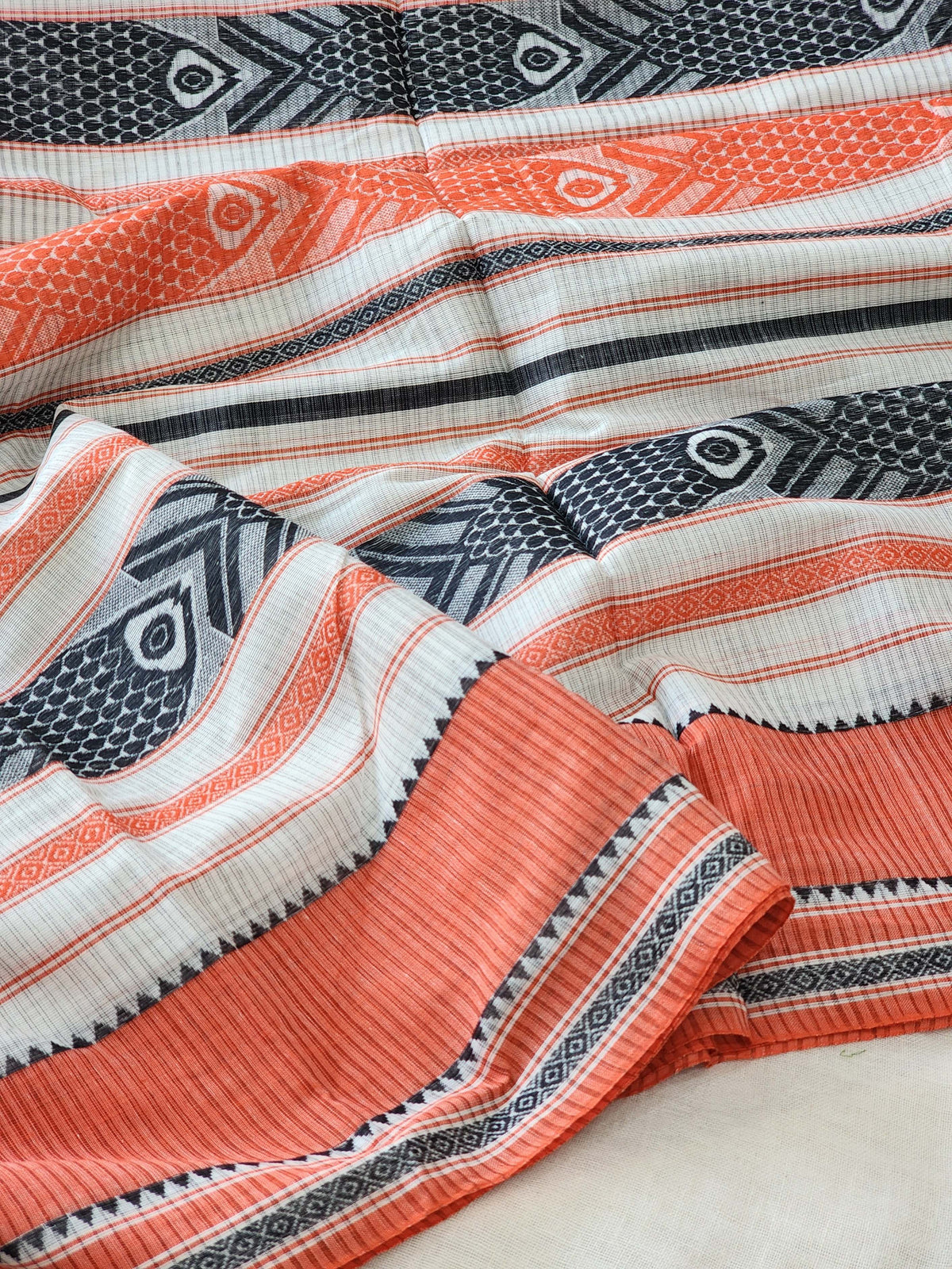 Orange & Black Dhonekhali Cotton Saree